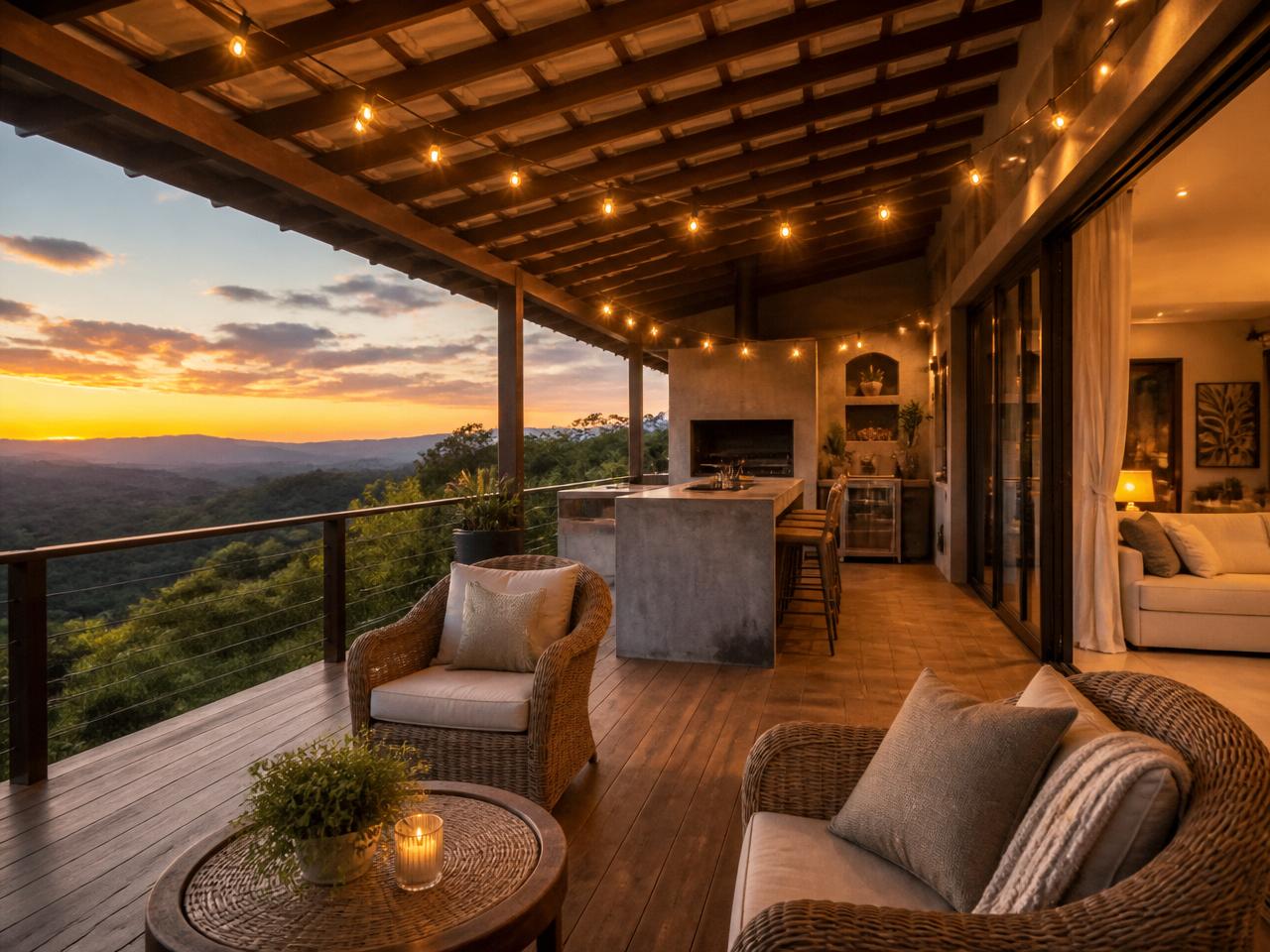 Varanda gourmet com espaço de churrasqueira e vista para as montanhas ao pôr do sol
